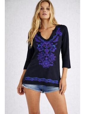 298 Johnny Was LA Embroidered V-Neck Top (Medium, Black/Blue, EUC)